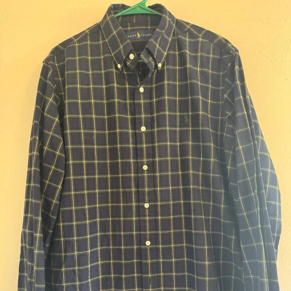 Ralph Lauren Men's Large Navy Yellow Green Plaid Long Sleeve Button Down Shirt - Picture 1 of 2